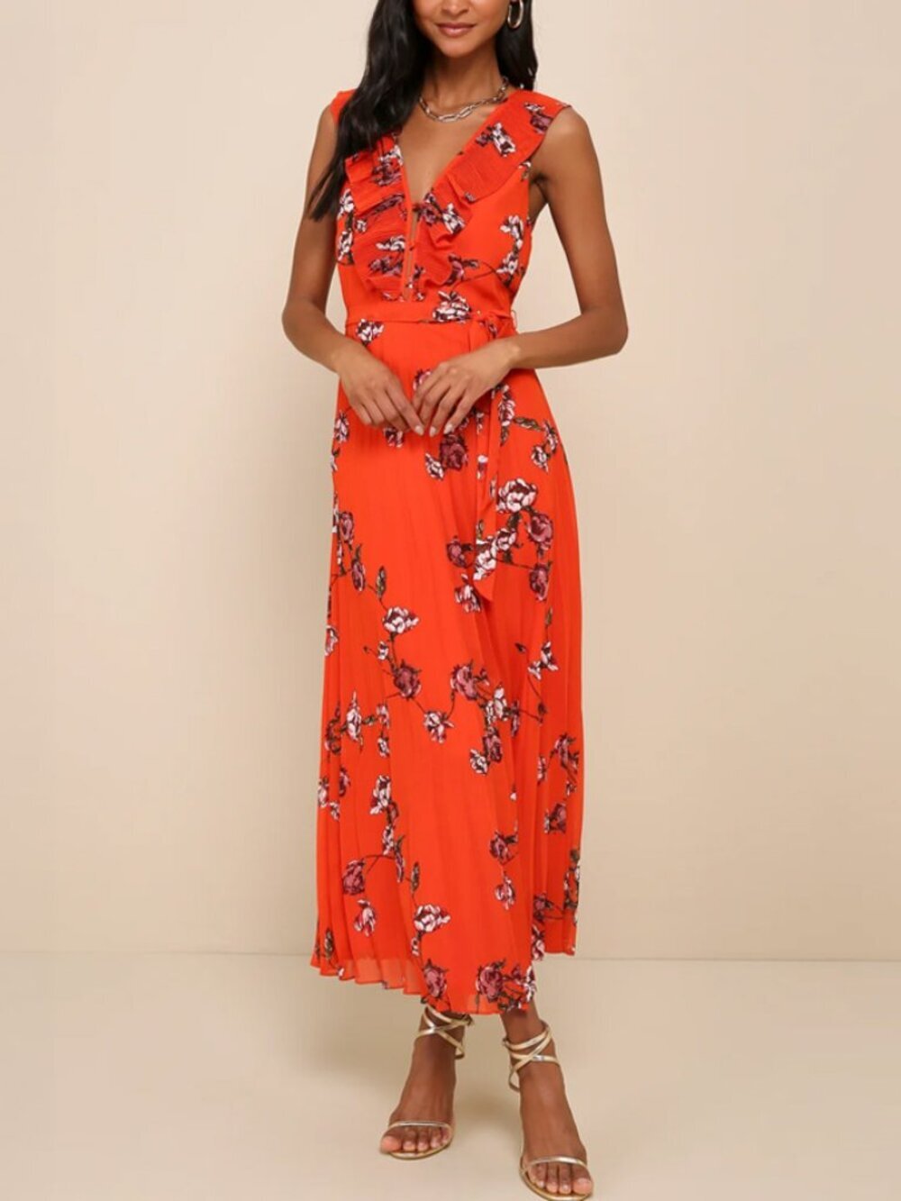 Lulus Loved By You Red Floral Pleated Maxi Dress Size L